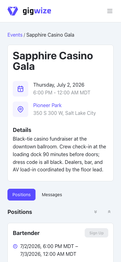 GigWize on a phone showing the Sapphire Casino Gala event a crew member can claim a spot for