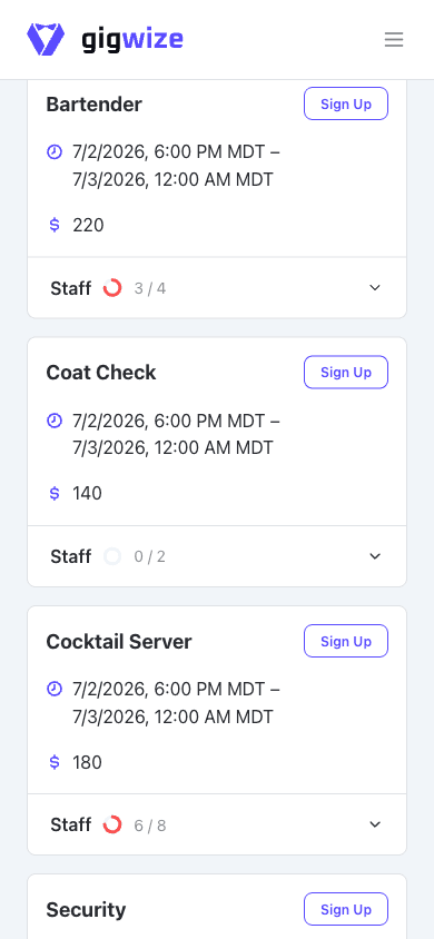 GigWize on a phone listing open Sapphire Casino Gala roles, each with a Sign Up button a crew member taps to claim a spot
