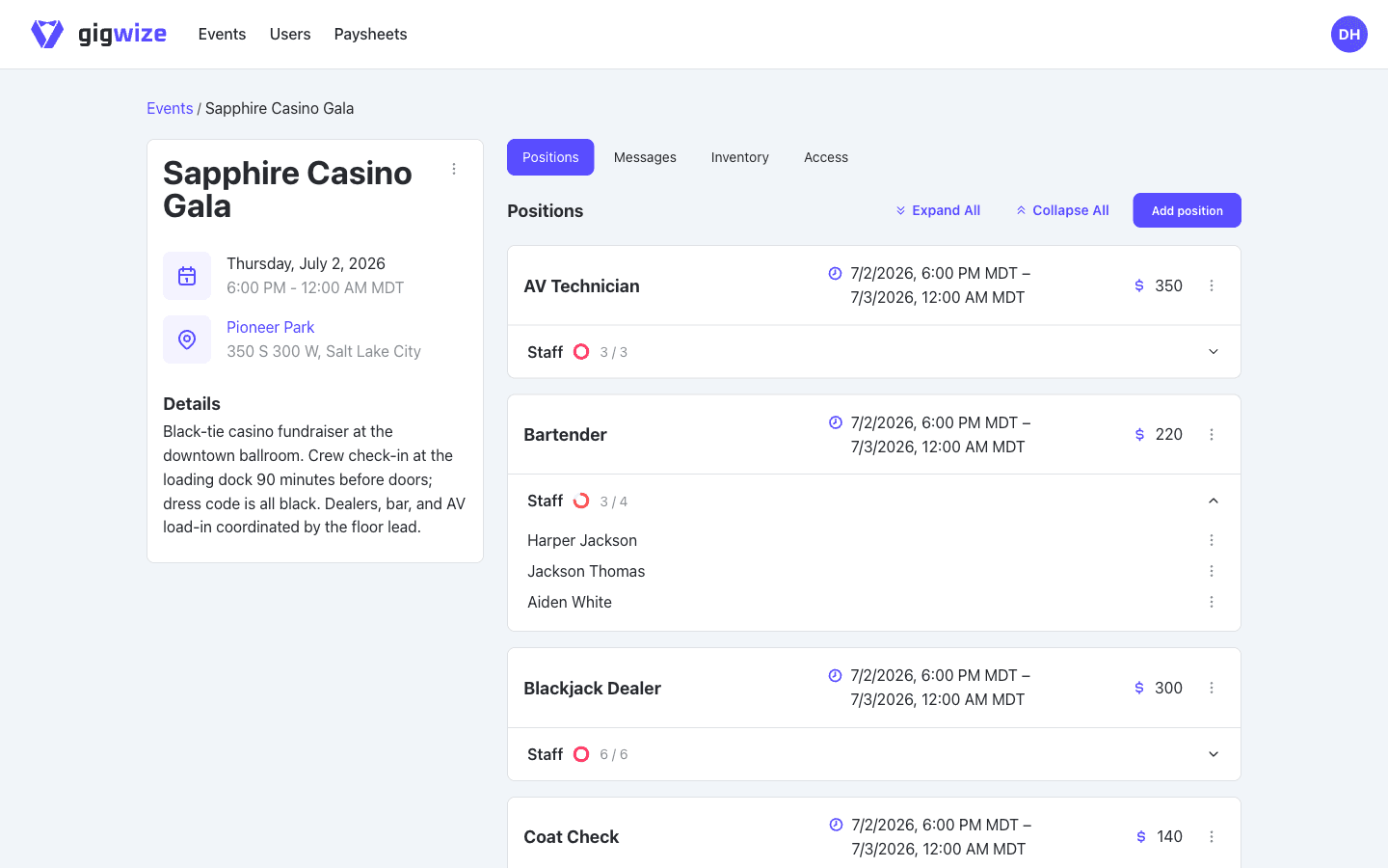 GigWize web dashboard showing the Sapphire Casino Gala with each position and how many spots are filled versus still open