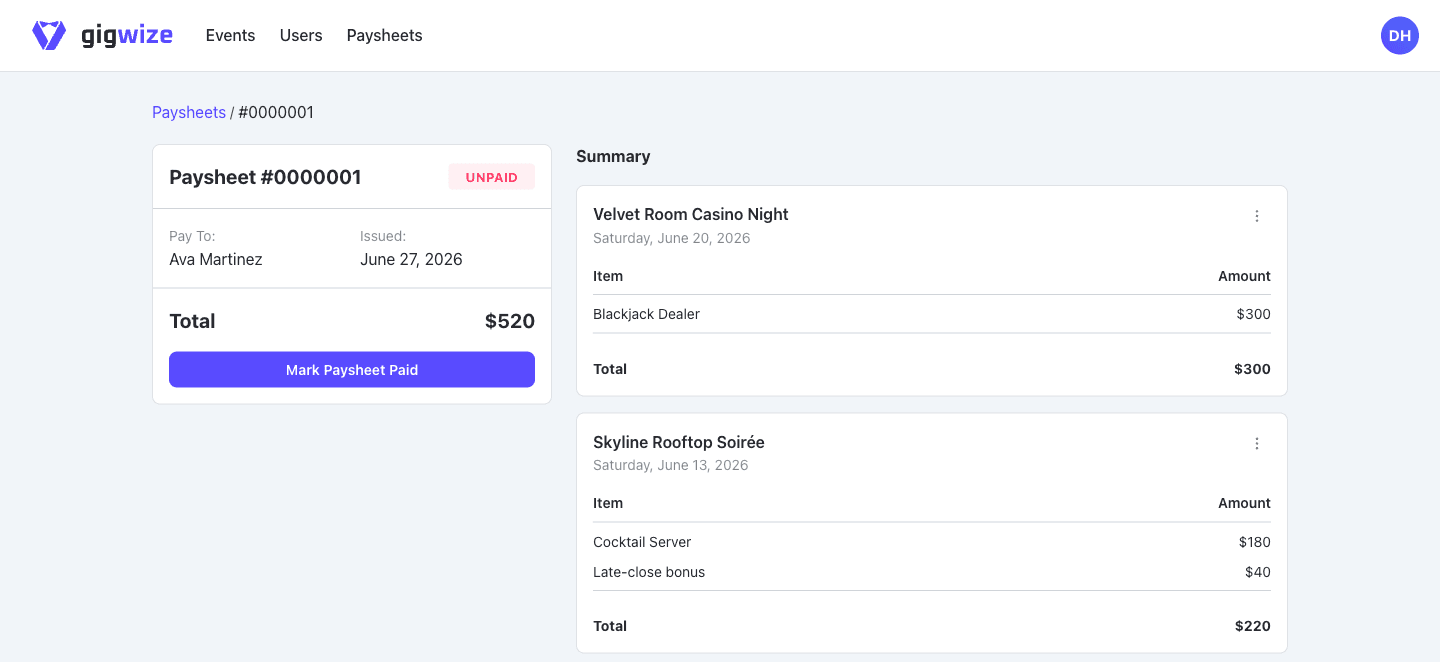 A finished GigWize paysheet for one crew member: the events they worked, each role and amount, totaled and ready to mark paid